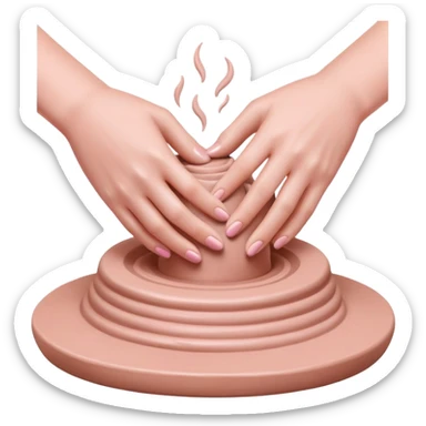 hands performing palm hug gesture on a pink mound of clay on a silver pottery wheel, gently hugging the clay to maintain moisture sticker