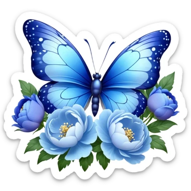 A mesmerizing butterfly with sapphire blue and icy blue wings, delicately speckled with silver, gracefully resting on a lush bouquet of pastel blue peonies and deep blue pansies, their velvety petals glistening with morning dew. sticker