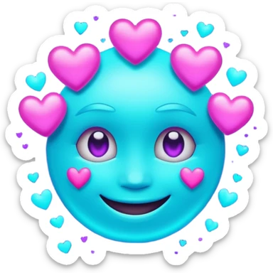 futuristic glowing emoji face smiling with floating neon hearts, purple and cyan holographic light, dark background sticker