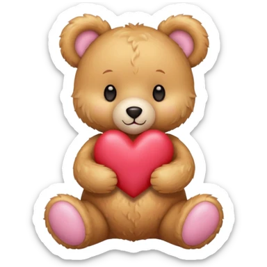 honey colored teddy bear with pastel pink bow holding a heart sticker