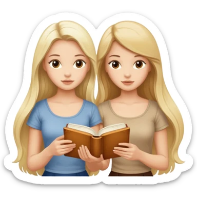 two beautiful girls in beige tops reading a beautiful vintage book. one brunette, the other blonde. both with long hair with and beige T-shirt  sticker