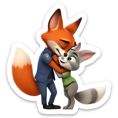 Nick Wilde the orange fox from Zootopia and Judy Hopps the grey bunny from Zootopia hugging each other sticker