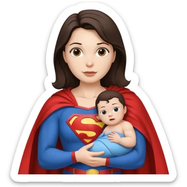 mother white skin brunette dressed as Superman with a cape holding a baby sticker