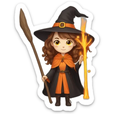 brown hair girl witch and orange cat wizard sticker