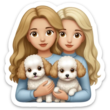 A beautiful olive skinned girl with long brownish blonde hair, holding 3 bichon frise's sticker