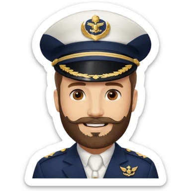 A light-skinned man with brown eyes and a beard, smiling while wearing a white captain’s hat with a navy emblem. sticker