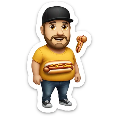 Fat Jewish man in his 30s wearing black trucker hat the image of a hot dog on it sticker