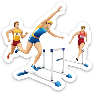 A collage of track and field equipment: a starting block, javelin, hurdle, discus, and high jump bar, symbolizing various disciplines. The background features a vibrant stadium with a running track, field events area, and cheering crowds.  sticker