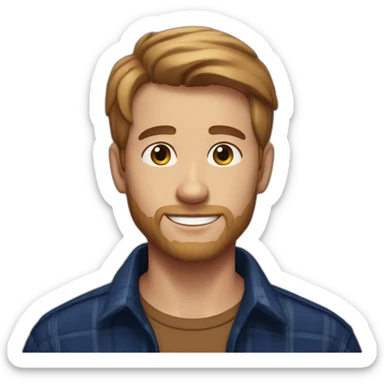 A young man with a well-defined light beard, neatly trimmed short brown hair, exuding confidence, clad in a navy blue checked flannel shirt. sticker