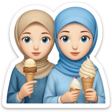 Turkish beautiful finish Konya two girls blue eyes with beige denim hijab islamic dress and had on her hand ice cream sticker