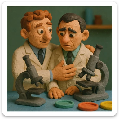 Two caring 1940s male scientists wearing white lab coats over a suite in their science laboratory full of microscopes and petri dishes. sticker