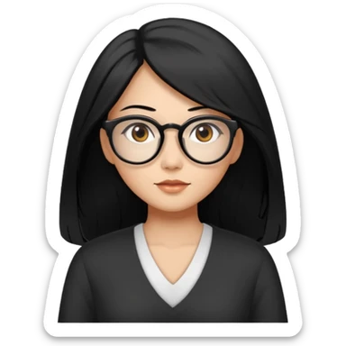 medium tan asian woman with long black hair past middle of back, round brown eyes, white v neck blouse. she has black thick frame glasses on. sticker