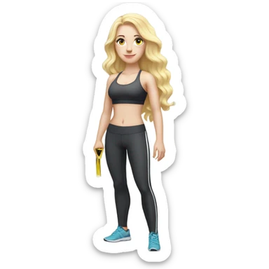 Woman, white skin, pale skin, long hair, blonde hair, wavy hair, standing, sports bra, leggings, tape measure wrapped around waste sticker