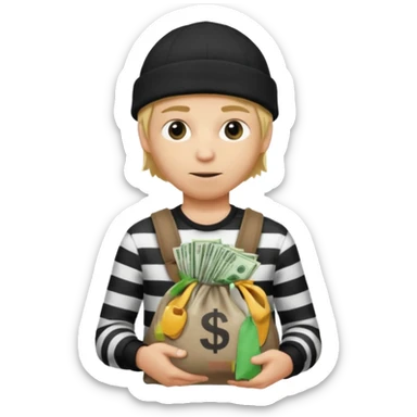 Robber with a shirt with white and black stripes holding a money bag also the robber is wearing a black beanie hat and also has blond hair sticker