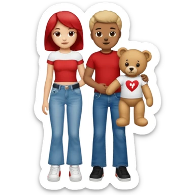 A boy and a girl teddy bear for the boy bear put on true religion shirt and jeans with black shoes and for the girl put flare jeans and a red tube top and white shoes just bears not the humans  sticker