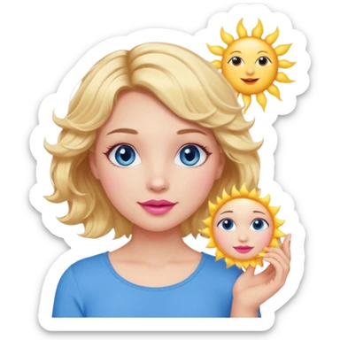 Girl Blonde short wavy hair,  blue eyes, cute blue top, long lashes, pink lips, holding the sun   sticker