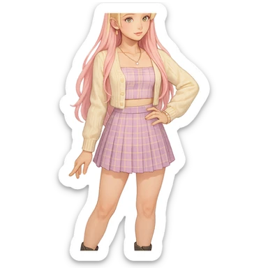 Fluttershy reimagined as a human K-pop idol, wearing a trendy outfit, transparent background sticker