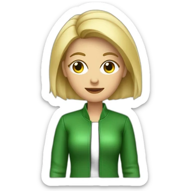 Mujer de 40 años rubia de ojos verdes con chaqueta de cuero negra , creando contenido con el celular  sticker