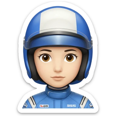 A light-skinned person with short dark hair, wearing a blue racing helmet and an oval face with a neutral look. sticker