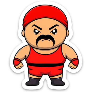 White skin fat guy with prominent black durag, short black beard and mustache, black eyes in a red and black wrestling singlet with angry face sticker
