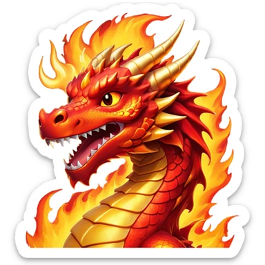 Cinematic Comical Fierce Fire Dragon Portrait Emoji, Head tilted dramatically with an exaggeratedly amused expression, featuring a striking, flame-draped body with bold, blazing scales in intense red and molten gold, and eyes twinkling with fiery mischief; rendered with vivid, lifelike textures and dynamic, flickering shadows, high shine, dramatic yet playful, styled with an air of cheeky volcanic mischief, soft glowing outline, capturing the essence of a spirited and over‐the‐top inferno that looks ready to burst into a cascade of playful embers! sticker
