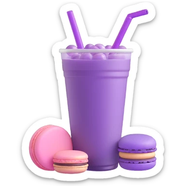 3D emoji of purple bubble tea with a macaron beside it, glossy and appealing sticker