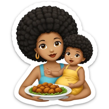 Una reina negra de piel oscura con afro dando de comer a su bebé de 8 meses varón de piel un poco más cara, el bebé está feliz comiendo pollo sticker
