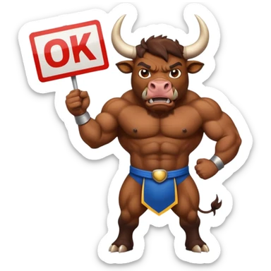 Angry powerful bull emoji holding a sign with the words OK in front of it sticker