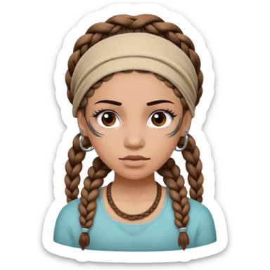 big lose braids starting from the top of the head woman face wiith big visible braids and mono color headband on head strict face and braids as big as headband and lots and lots of face tattoos sticker
