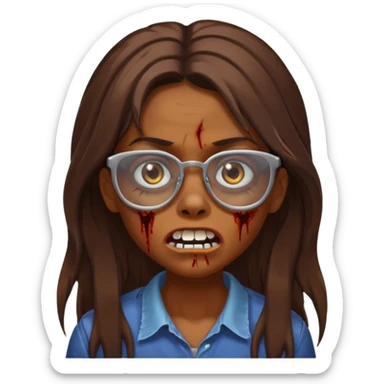Girl zombie with brown long hair with teeth and serious face IOS style with glasses sticker