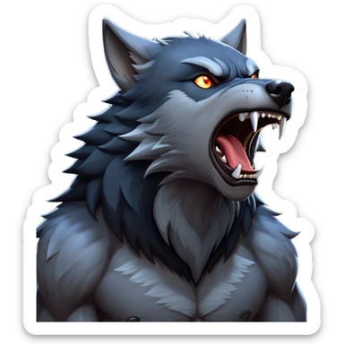 cinematic-noble-fierce-werewolf-howling-portrait-emoji, poised-and-imposing, with a fierce wolfish face tilted upwards in a haunting howl, glowing eyes full of primal ferocity, sharp, and a rugged snout, fur rippling in shades of midnight black and silver, muscles tensed as the powerful howl echoes beneath the moonlit sky; rendered with realism, capturing the raw, untamed power of the beast in its wild, primal state sticker