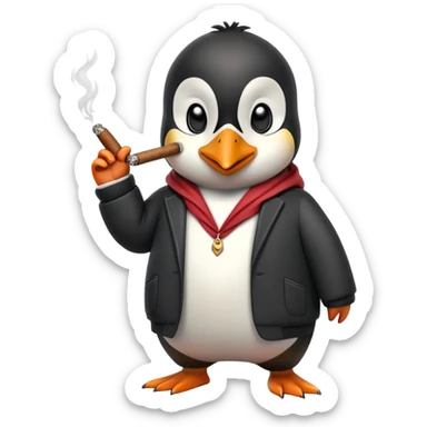 friendly anthropomorphised penguin wearing a mafia-style tracksuit, holding a cigar, confident pose, scheming soprano vibe sticker