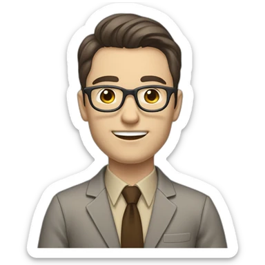 Full height Pale skinned fit man with dark brown hair in gray jacket, beige office shirt, brown tie, brown pants and vintage glasses. His right hand stretched out sticker