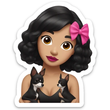 Thick medium black hair with hot pink lip and pink cheek Filipino lady hugging black and white Chihuahua  sticker