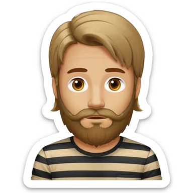 man with long hair and beard wearing vertical striped t-shirt sticker