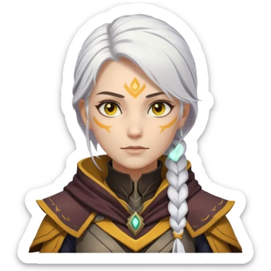 female Destiny 2 warlock, white hair in a long braid, golden yellow eyes, no helmet, novice armor sticker