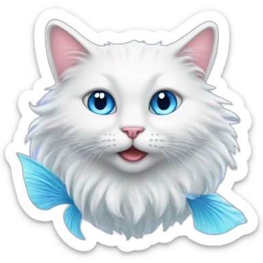 Head of White fluffy cat and a half of blue magic fish tail sticker