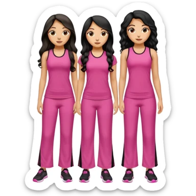 3 olive skin tone best friends. First one wearing pink gym attire modest with long black hair wavy. Second one wearing a pink fitted long maxi dress with curves long black hair and the last one wearing pink casual clothes with brown mid length hair sticker