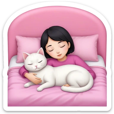 White cat sleeping with Asian girl short hair in pinky bed  sticker