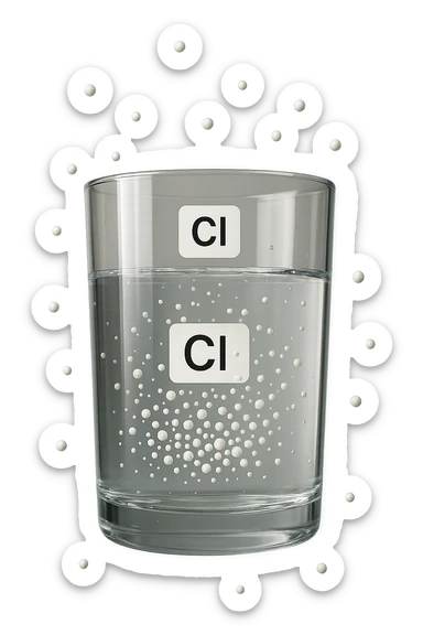 un bicchiere di acqua fluttua in aria realistico e dettagliato, dentro l'acqua del bicchiere ci sono particelle di cloro ben visibili con la scritta "Cl" sopra, ci sono particelle anche che escono dal bicchiere e fluttuano in aria verticalmente, mentre alcune sono all'interno dell'acqua nel bicchiere, iperrealistico 4k sticker