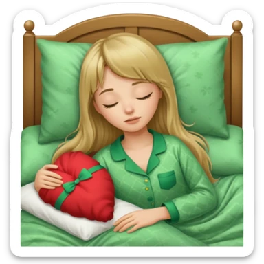 Young woman with long dark blond hair and a bang sleeping in bed  with green pyjama sticker