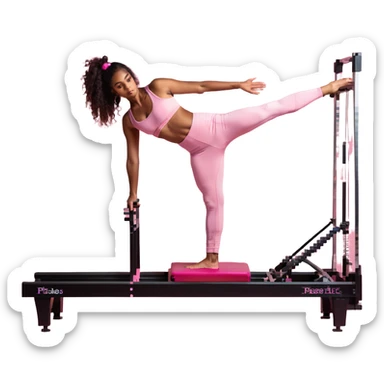 Brown girl in pink outfit on pink reformer pilates sticker