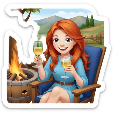 Laughing redhead with long hair and blue eyes holding white wine sitting in chair beside fire pit sticker
