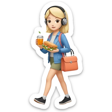 a young woman full length walks with headphones on with a salmon sandwich in one hand and herbal tea in the other hand sticker