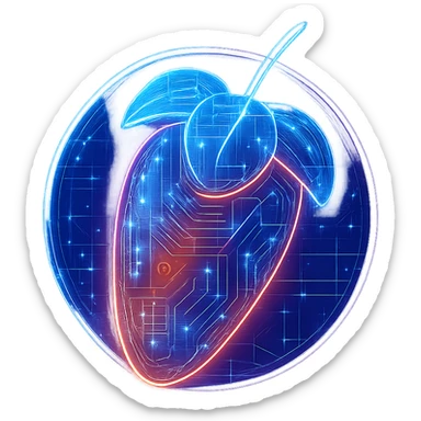 Transform the FL Studio logo into a cyberpunk, holographic style with glowing neon blue and pink edges, circuit patterns throughout the entire icon, and a transparent background. Maintain the recognizable fruit shape and colors, overlaying neon and circuit effects in a consistent futuristic, clean cyberpunk glow style with intricate circuit details. sticker