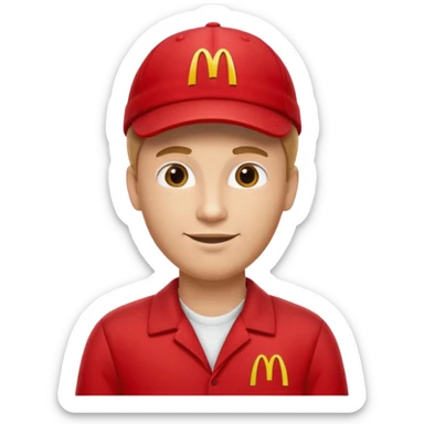 caucasian male McDonald's worker

red casual cashier clothes, red cap with the McDonald's logo sticker