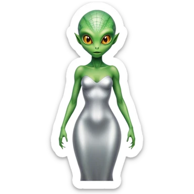 Green Alien reptilian woman in silver dress, full figure, yellow eyes sticker