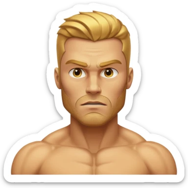 A hyper-realistic, fully golden Gigachad with reflective 24k gold skin, sharp chiseled jaw, golden stubble, blank eyes, and one raised eyebrow. He is shown from the chest up, facing front, with a shiny, muscular physique resembling the Silver Surfer in gold sticker