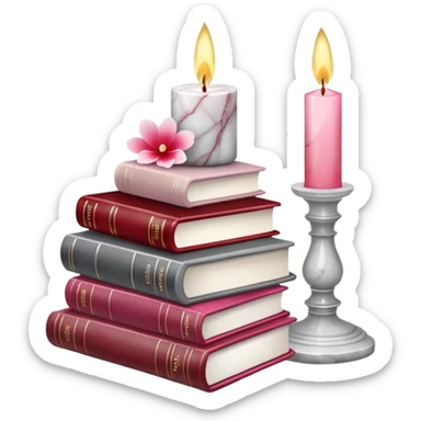 Aesthetic candles, flower petals, books, marble stand, crystal stones sticker