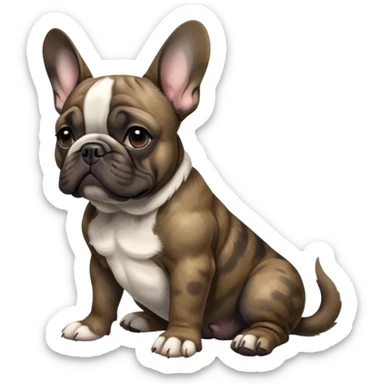 cinematic-[french bulldog]-realistic-full-body-sitting-emoji,-tail-resting-loosely-beside-its-paws,-head-tilted-dramatically,-sleek-[solid brindle]-fur,-simplified-yet-realistic-focused-features,-highly-detailed,-glowing-with-an-almost-sarcastic-glow sticker